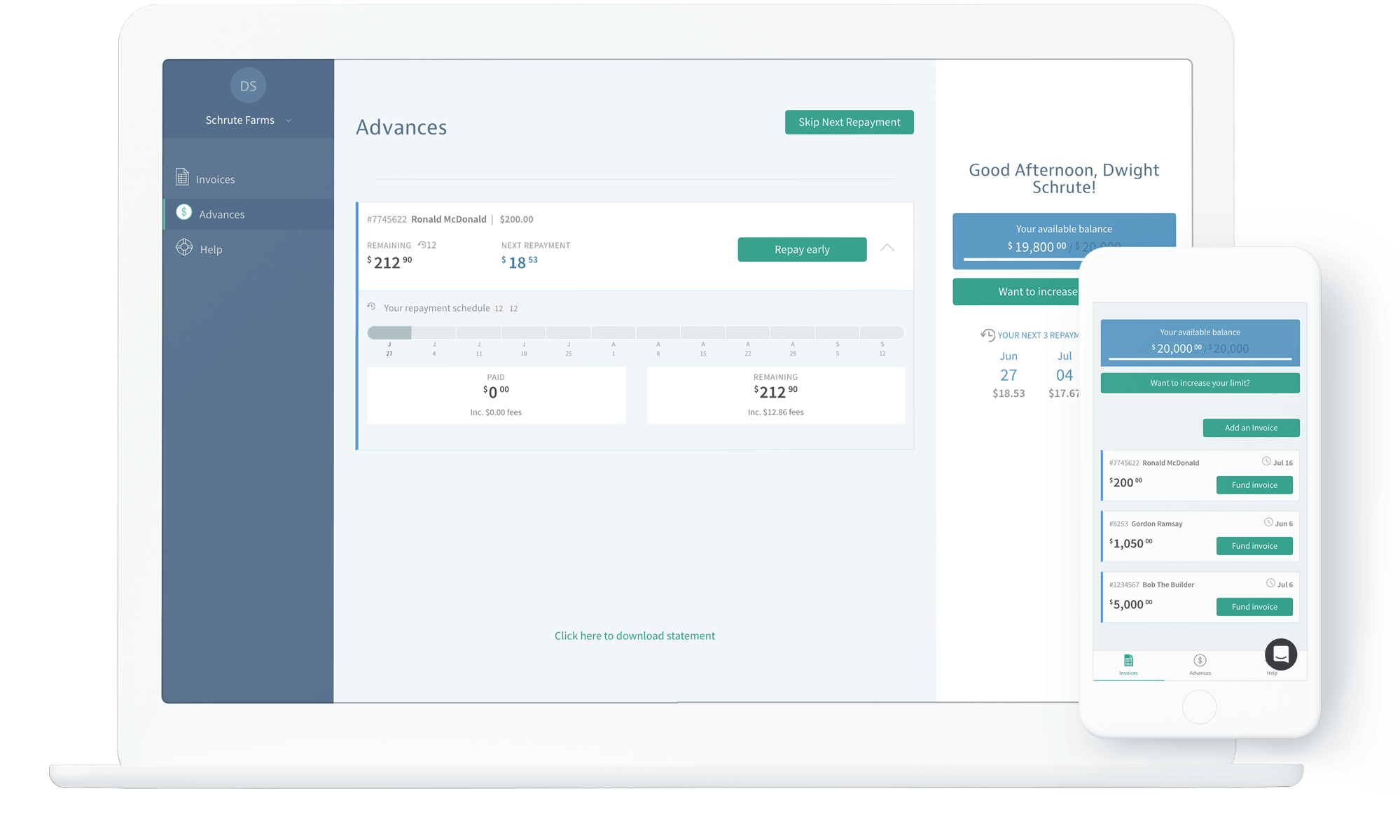 Invoices ready to advance, shown on laptop and mobile