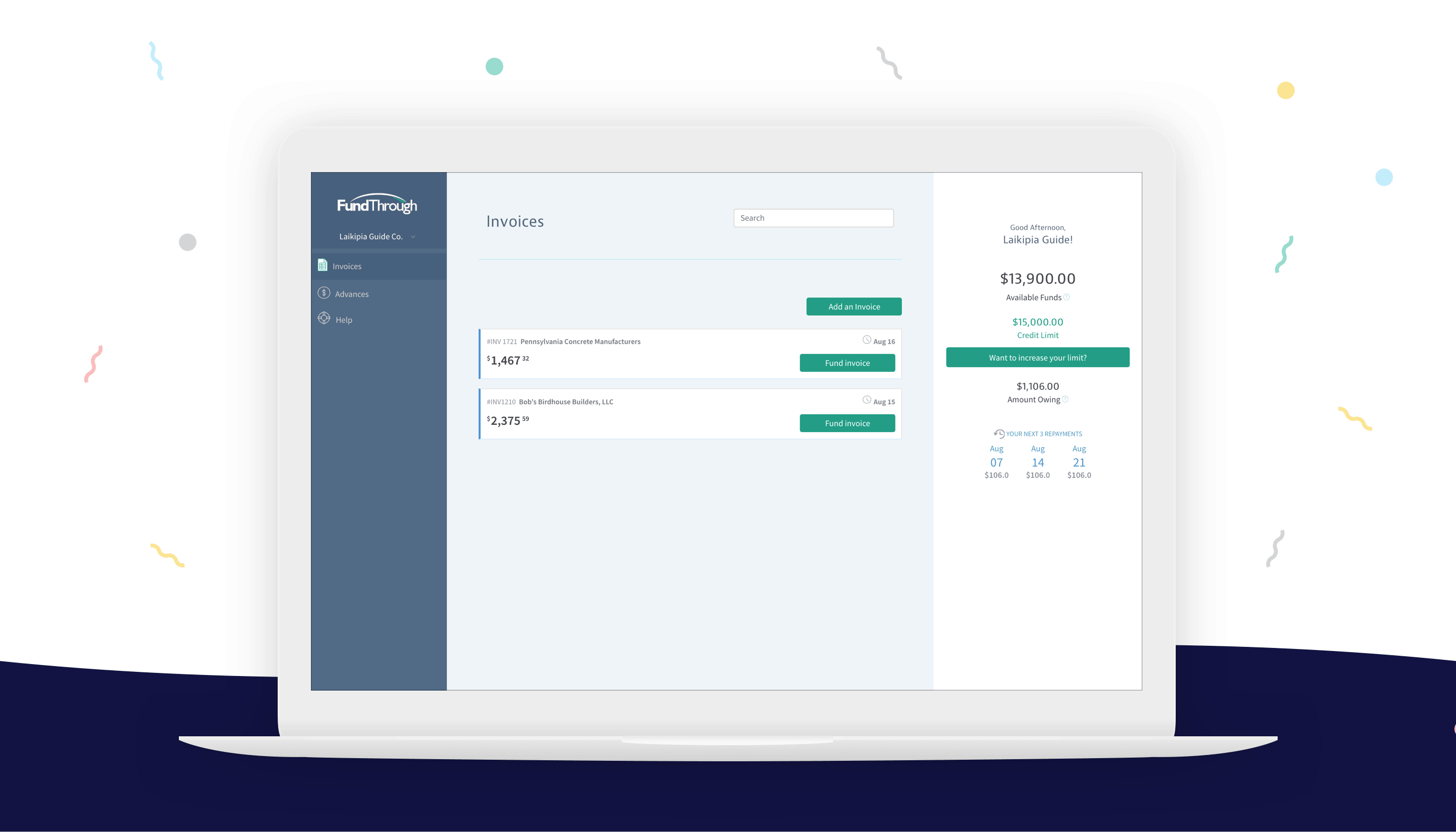 FundThrough invoice factoring software shown on a laptop