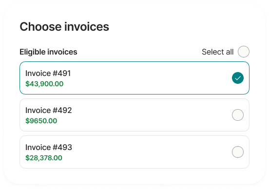 Screenshot of the FundThrough invoices list with buttons to fund each invoice