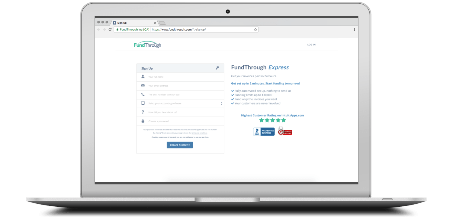FundThrough sign-up screen on a laptop