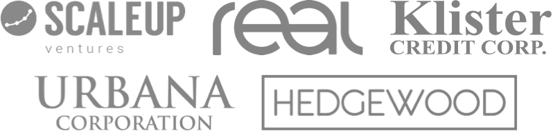 Logos of: ScaleUp Ventures, Real, Klister Credit Corp., Urbana Corporation, and HedgeWood