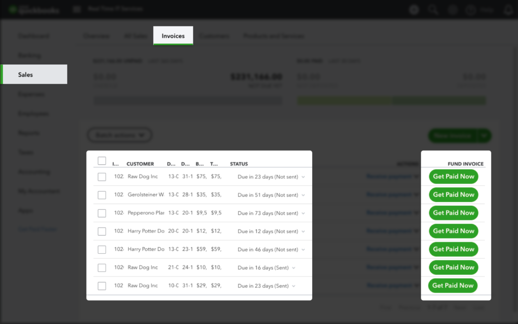 Screenshot of FundThrough Chrome extension for QuickBooks online displaying the 'Get Paid Now' button on the QuickBooks Online dashboard