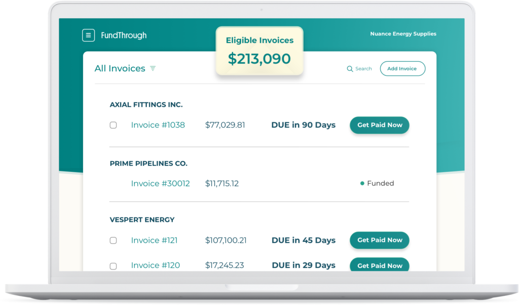 FundThrough Dashboard showing a list of invoices that are eligible for funding earlier than their due dates