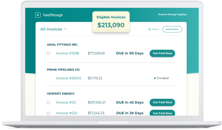 FundThrough Dashboard showing a list of invoices that are eligible for funding earlier than their due dates